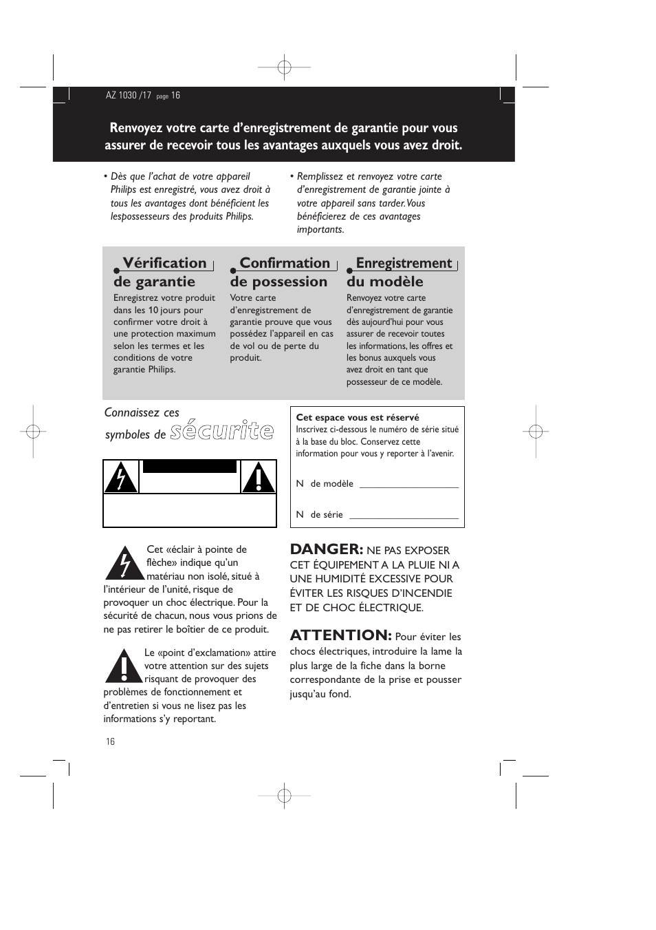 Sécurite, Vérification de garantie, Confirmation de possession | Enregistrement du modèle, Danger, Attention | Philips AZ1030-17 User Manual | Page 16 / 44