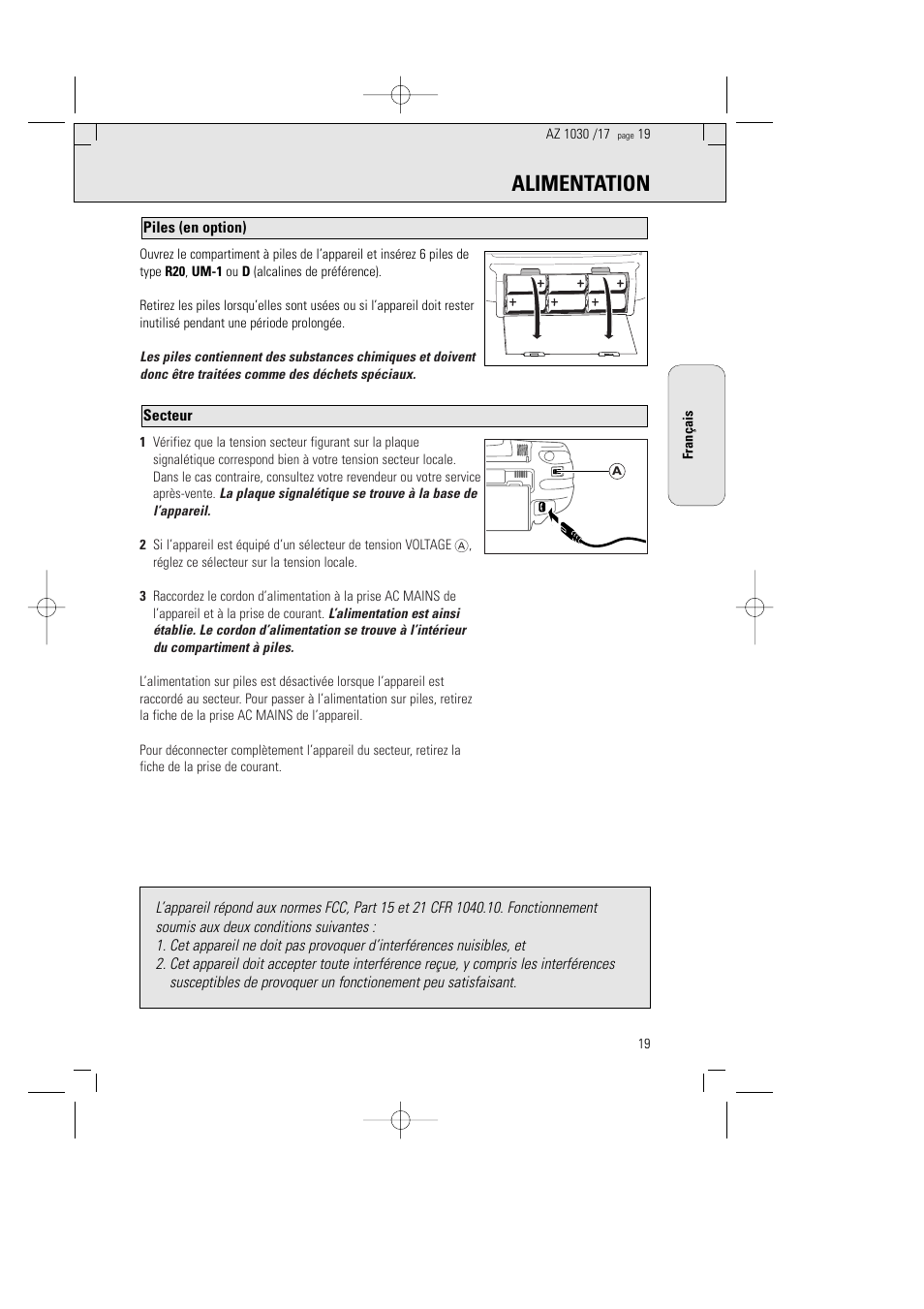 Alimentation | Philips AZ1030-17 User Manual | Page 19 / 44