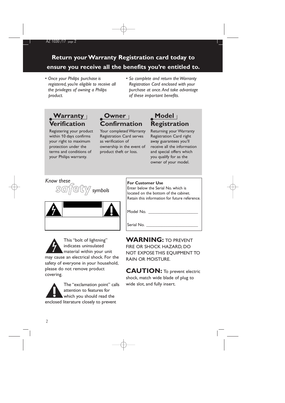 Safety, Warranty verification, Owner confirmation | Model registration, Warning, Caution | Philips AZ1030-17 User Manual | Page 2 / 44