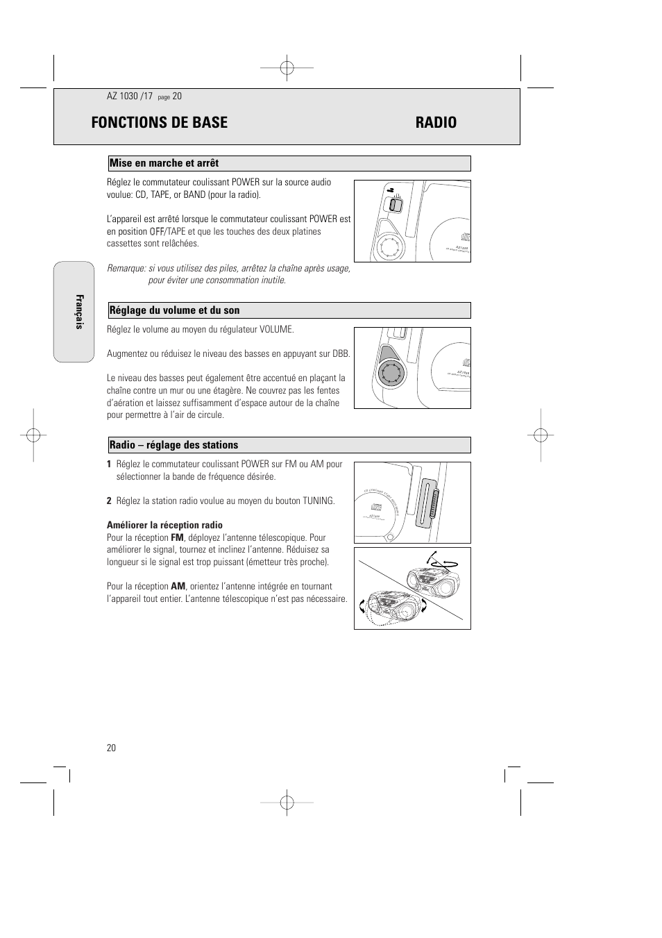 Fonctions de base radio, Radio – réglage des stations, Réglage du volume et du son | Mise en marche et arrêt | Philips AZ1030-17 User Manual | Page 20 / 44