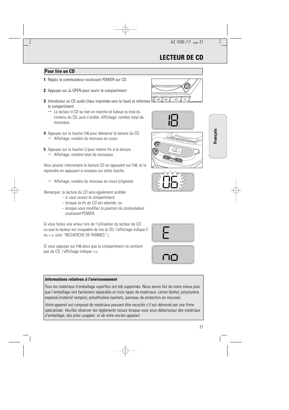 Lecteur de cd, Pour lire un cd | Philips AZ1030-17 User Manual | Page 21 / 44