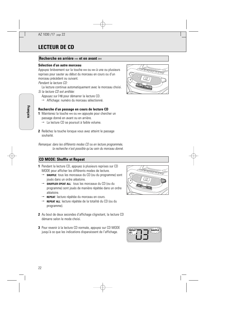 Lecteur de cd, Cd mode: shuffle et repeat, Recherche en arrière | Et en avant, Lecture répétée du morceau en cours | Philips AZ1030-17 User Manual | Page 22 / 44