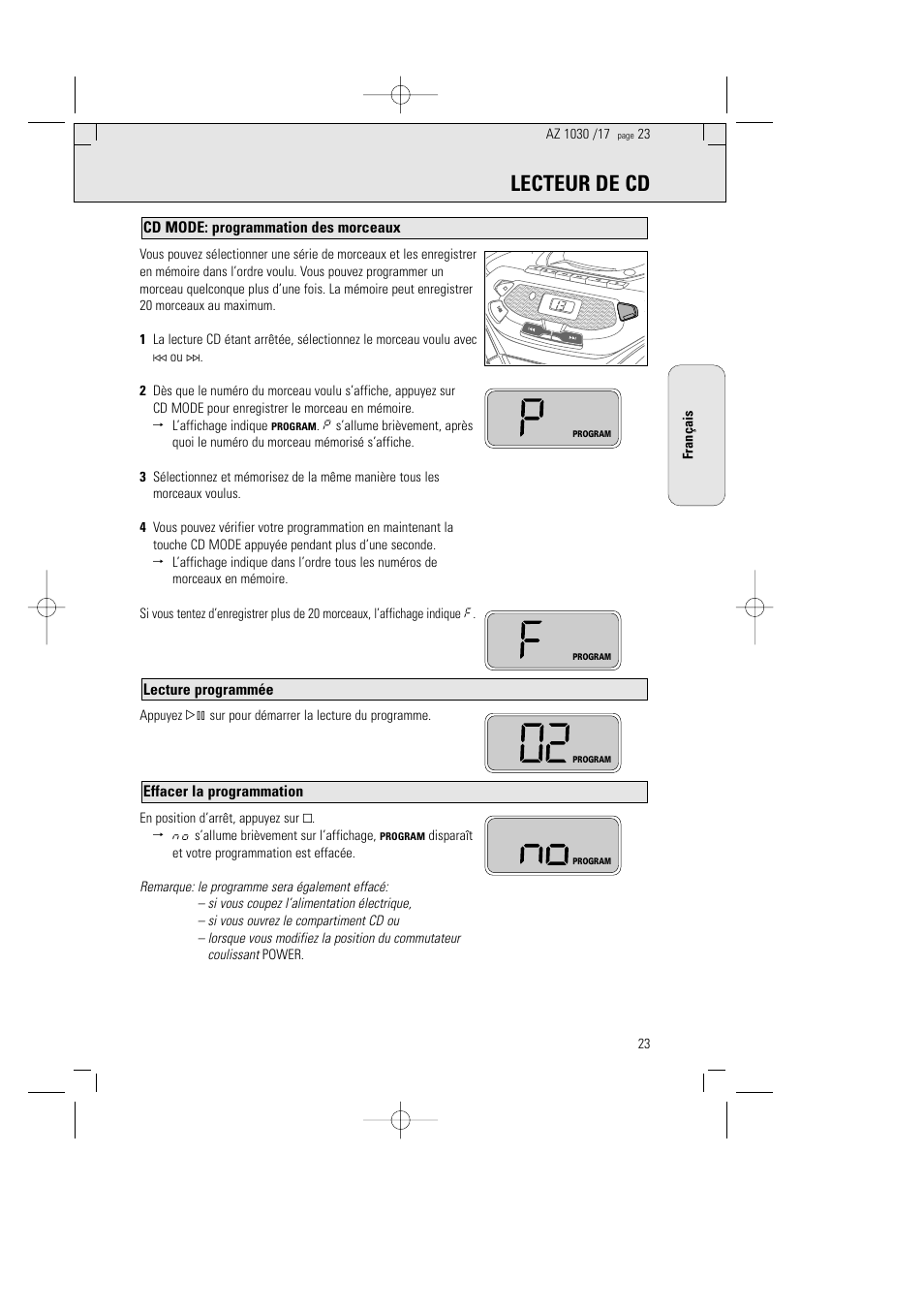 Lecteur de cd, Effacer la programmation, Lecture programmée | Cd mode: programmation des morceaux | Philips AZ1030-17 User Manual | Page 23 / 44