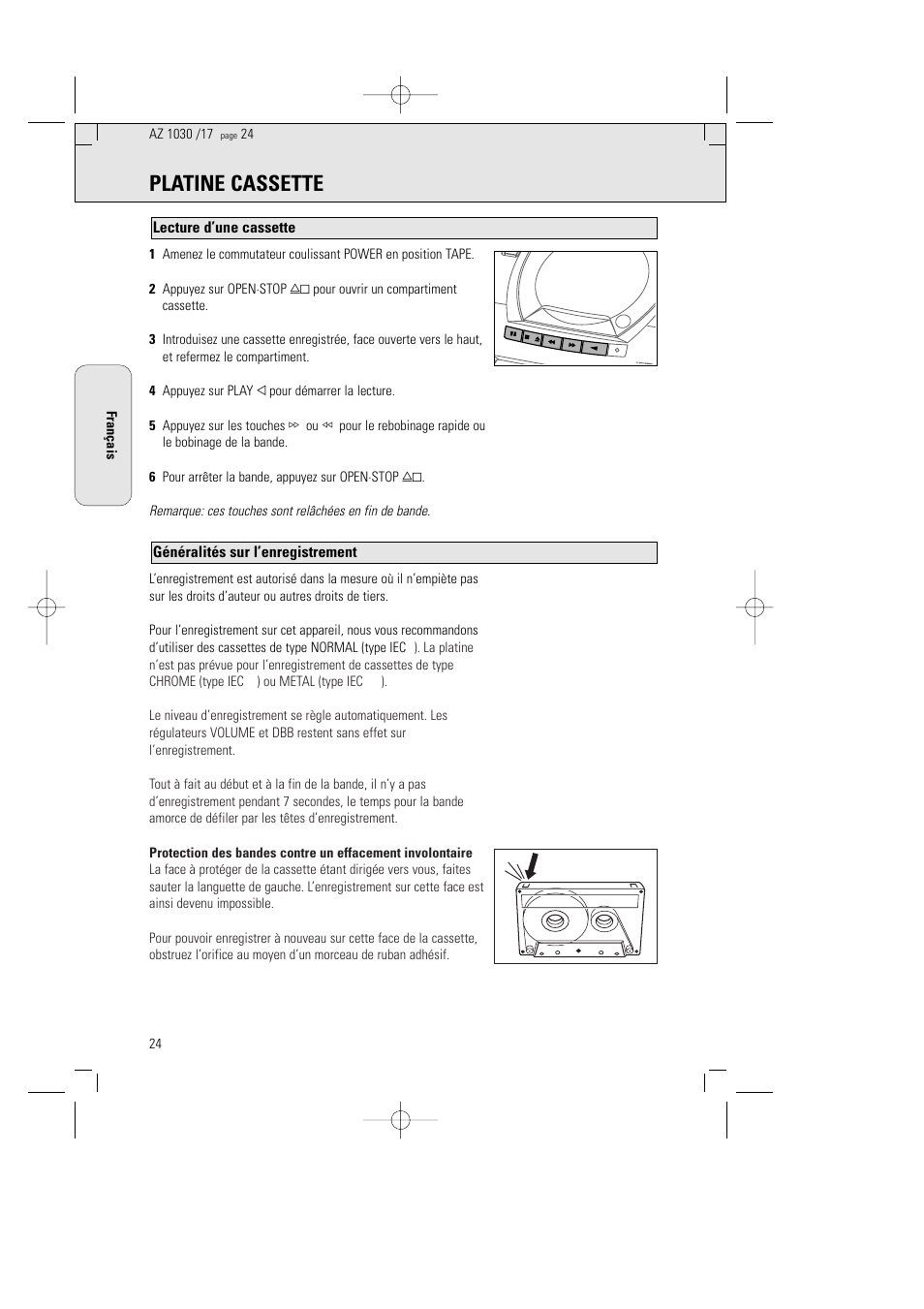 Platine cassette, Généralités sur l’enregistrement, Lecture d’une cassette | Philips AZ1030-17 User Manual | Page 24 / 44