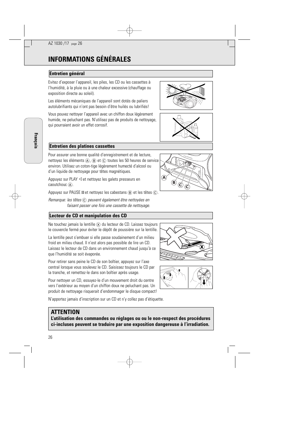 Informations générales, Attention | Philips AZ1030-17 User Manual | Page 26 / 44