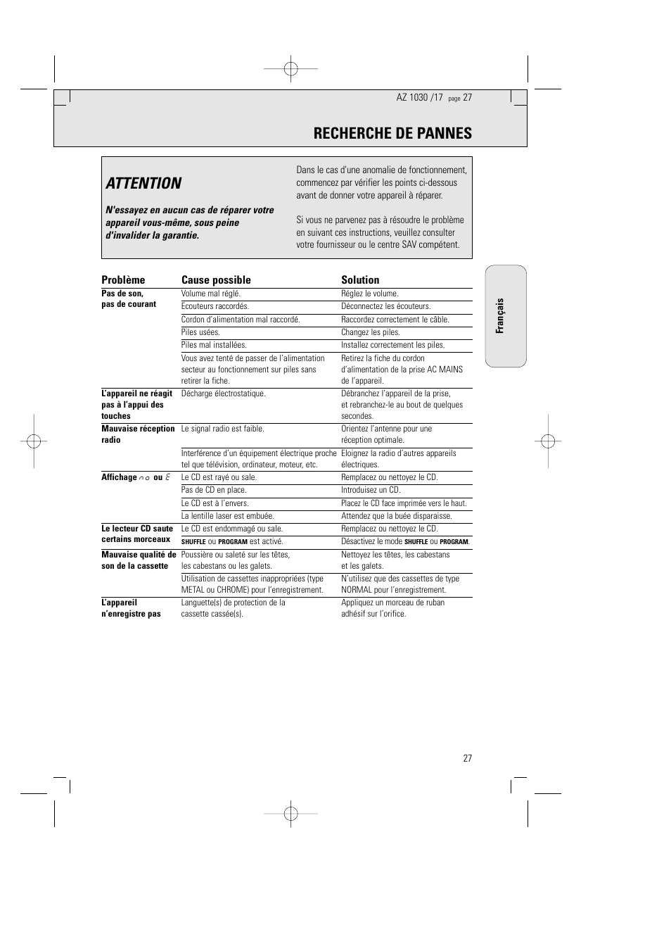 Recherche de pannes attention, Problème cause possible solution | Philips AZ1030-17 User Manual | Page 27 / 44