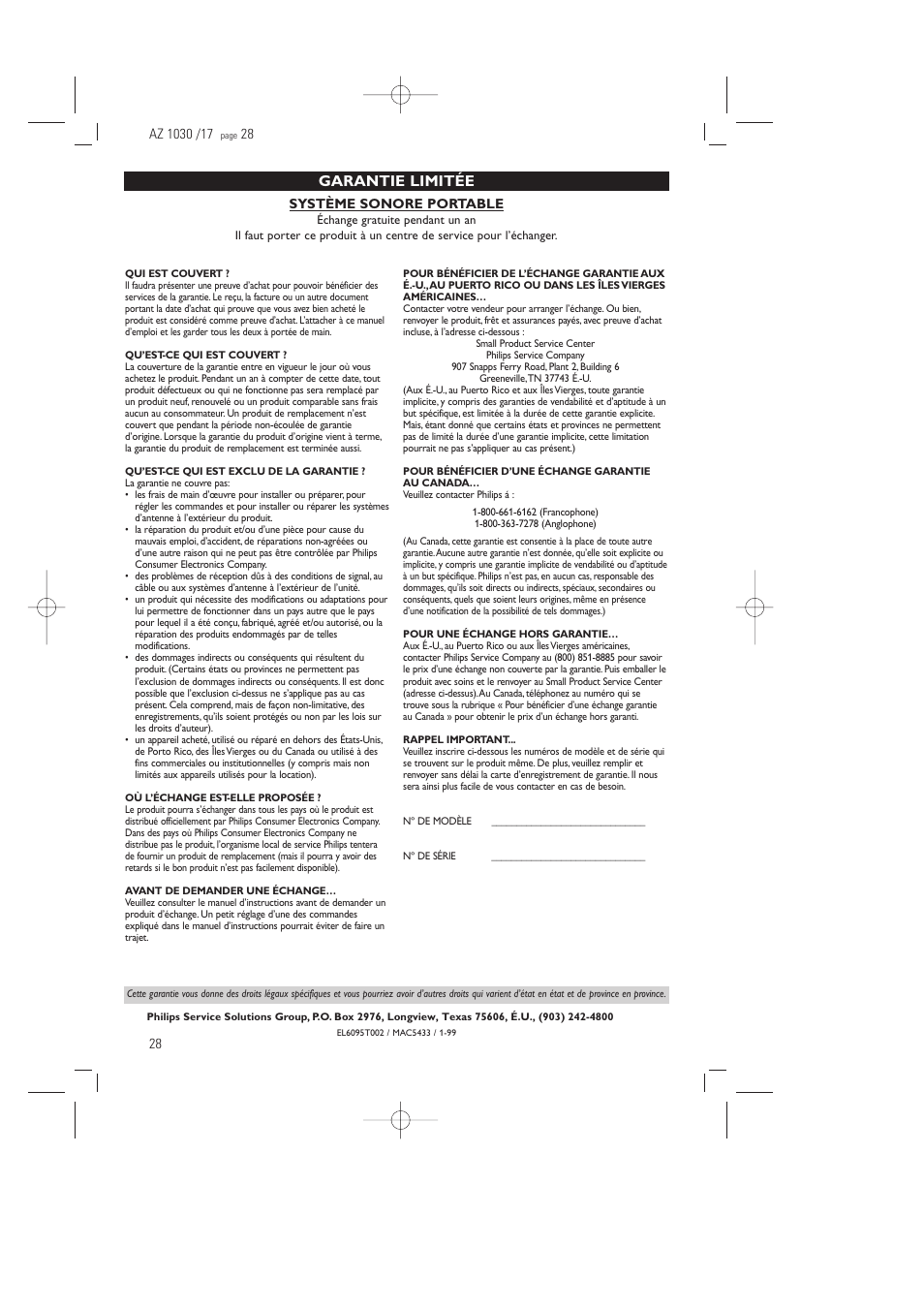 Garantie limitée | Philips AZ1030-17 User Manual | Page 28 / 44