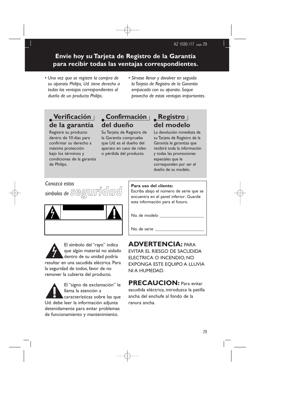 Seguridad, Verificación de la garantía, Confirmación del dueño | Registro del modelo, Advertencia, Precaucion | Philips AZ1030-17 User Manual | Page 29 / 44