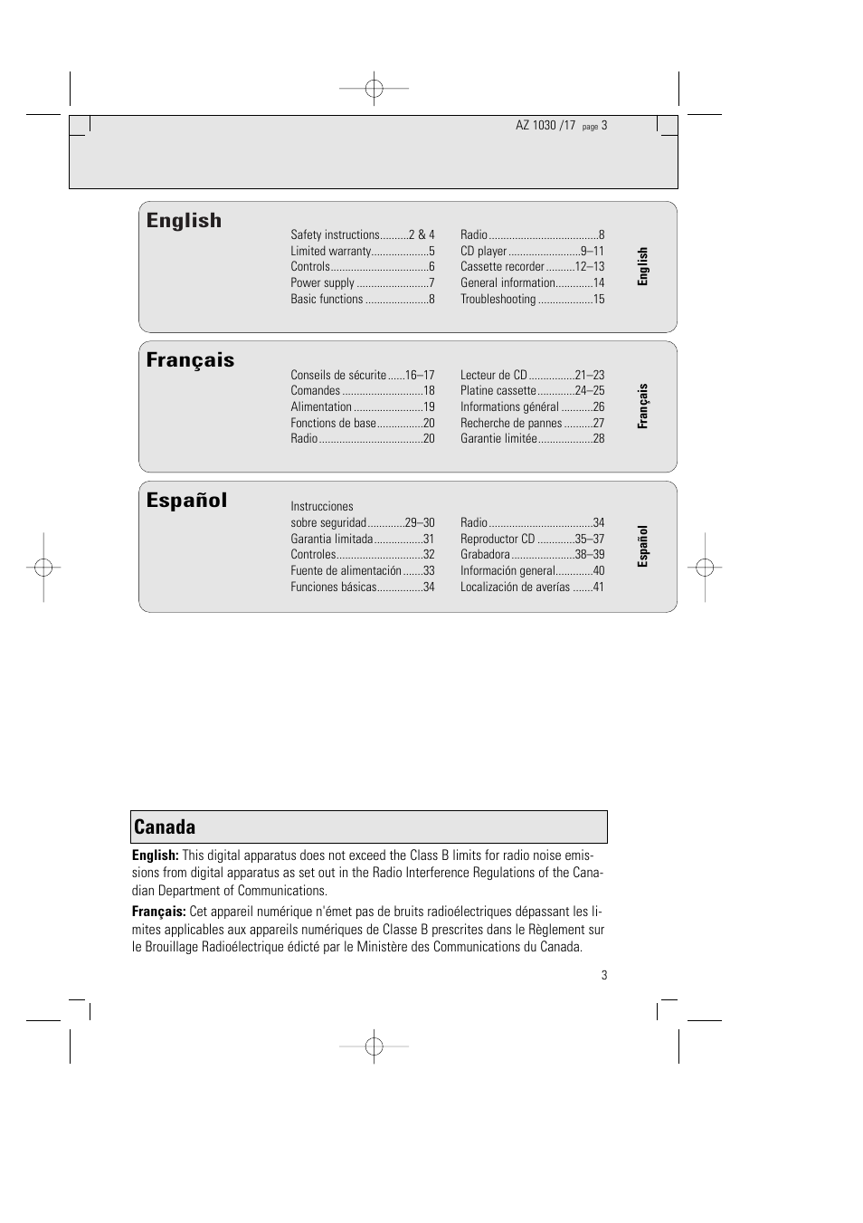 English français español, Canada | Philips AZ1030-17 User Manual | Page 3 / 44