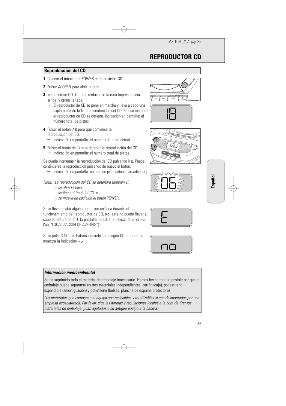 Reproductor cd, Reproducción del cd | Philips AZ1030-17 User Manual | Page 35 / 44