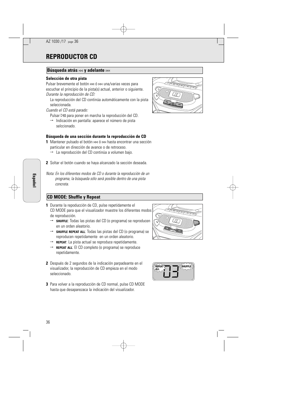 Reproductor cd, Cd mode: shuffle y repeat, Búsqueda atrás | Y adelante, La pista actual se reproduce repetidamente | Philips AZ1030-17 User Manual | Page 36 / 44