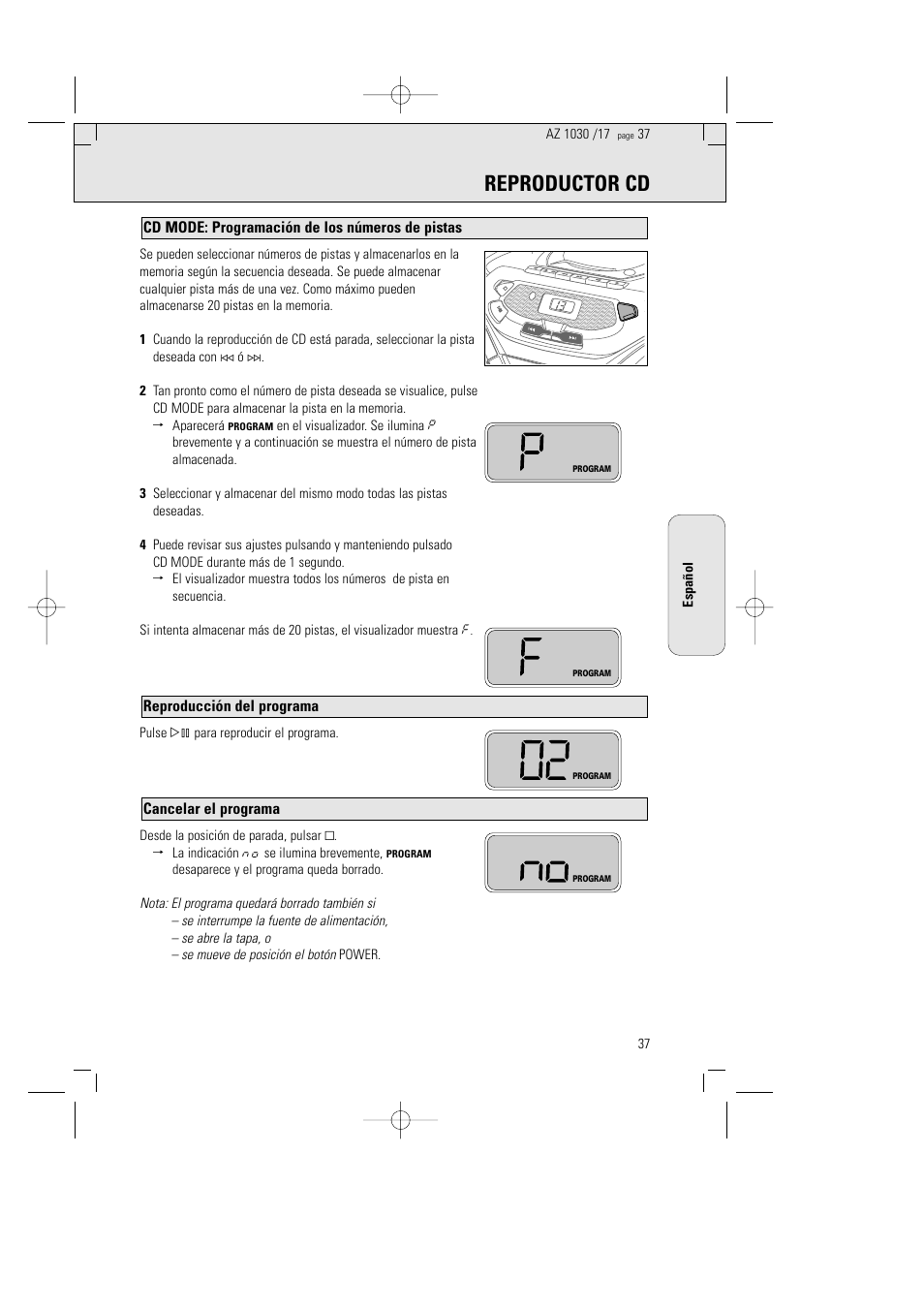 Reproductor cd, Cancelar el programa, Reproducción del programa | Cd mode: programación de los números de pistas | Philips AZ1030-17 User Manual | Page 37 / 44