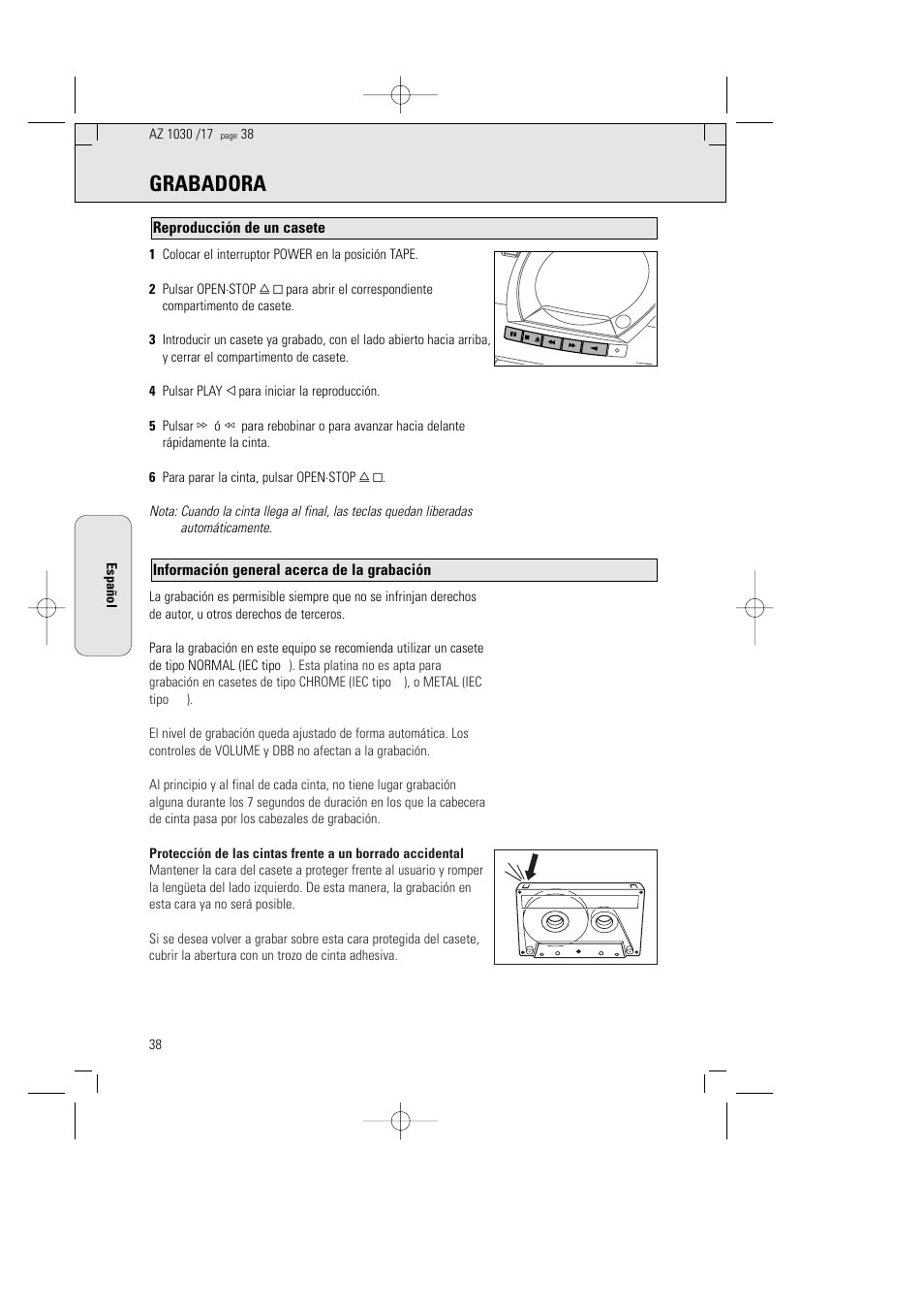 Grabadora, Información general acerca de la grabación, Reproducción de un casete | Philips AZ1030-17 User Manual | Page 38 / 44