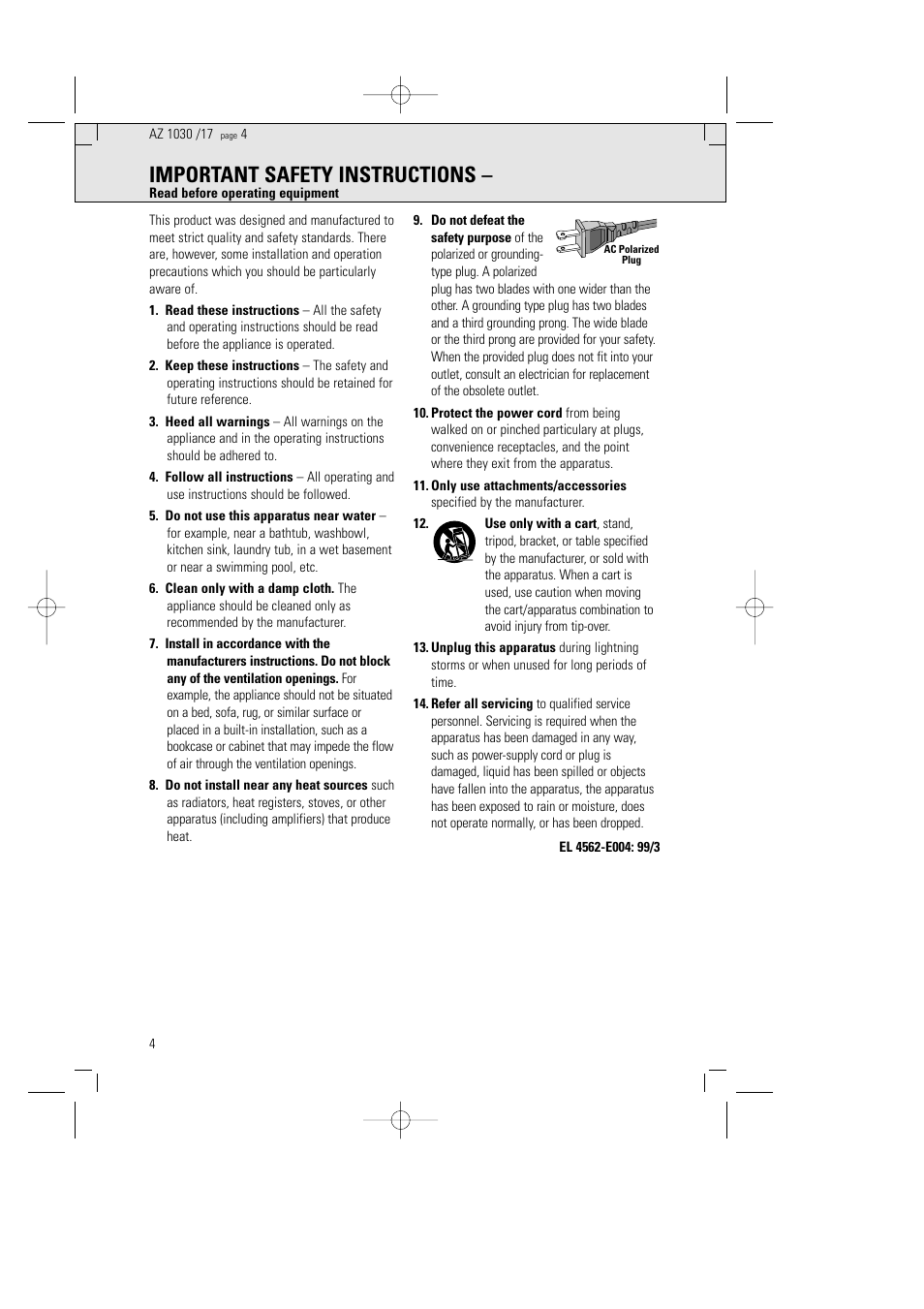 Important safety instructions | Philips AZ1030-17 User Manual | Page 4 / 44