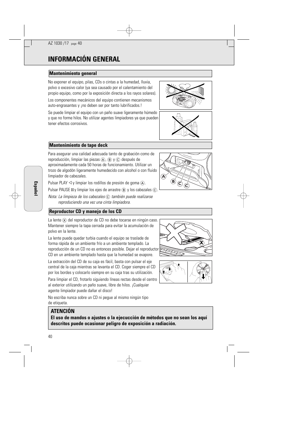 Información general, Atención | Philips AZ1030-17 User Manual | Page 40 / 44