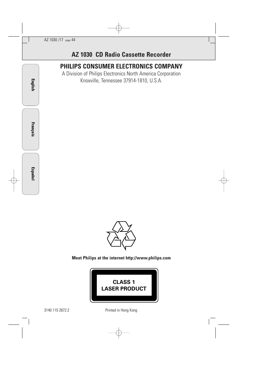 Philips consumer electronics company, Az 1030 cd radio cassette recorder | Philips AZ1030-17 User Manual | Page 44 / 44