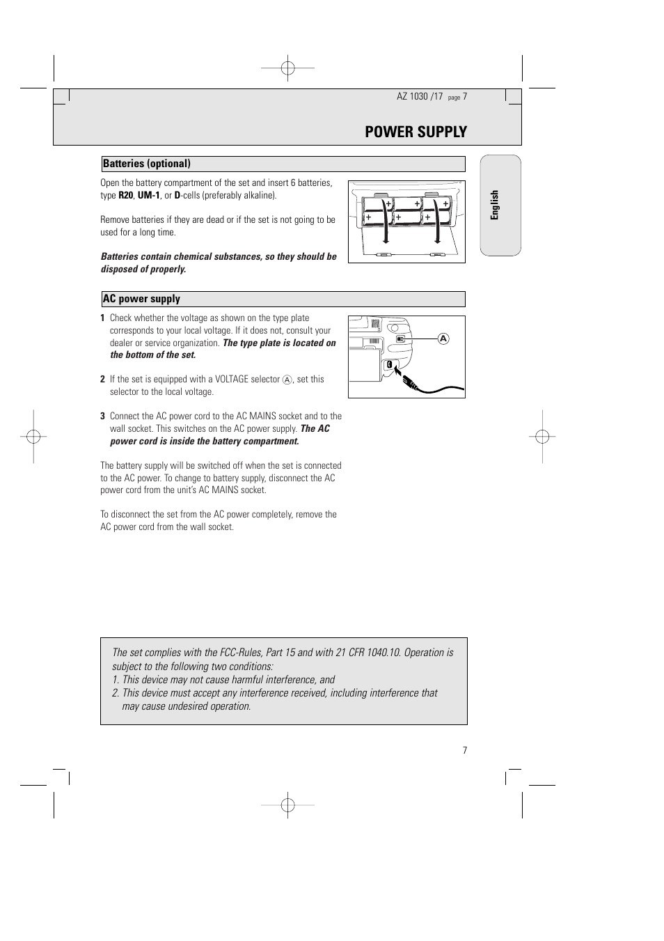 Power supply | Philips AZ1030-17 User Manual | Page 7 / 44