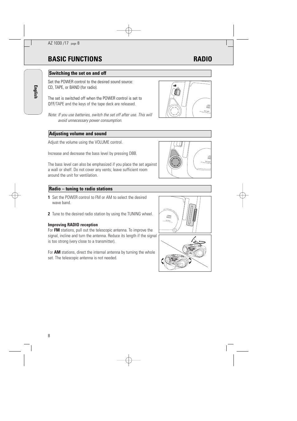 Basic functions radio, Radio – tuning to radio stations, Adjusting volume and sound | Switching the set on and off | Philips AZ1030-17 User Manual | Page 8 / 44