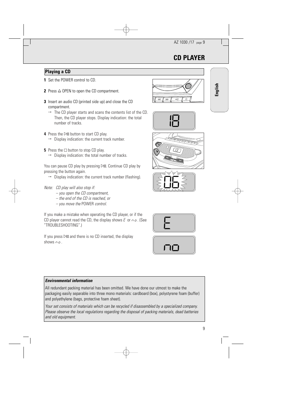 Cd player, Playing a cd | Philips AZ1030-17 User Manual | Page 9 / 44