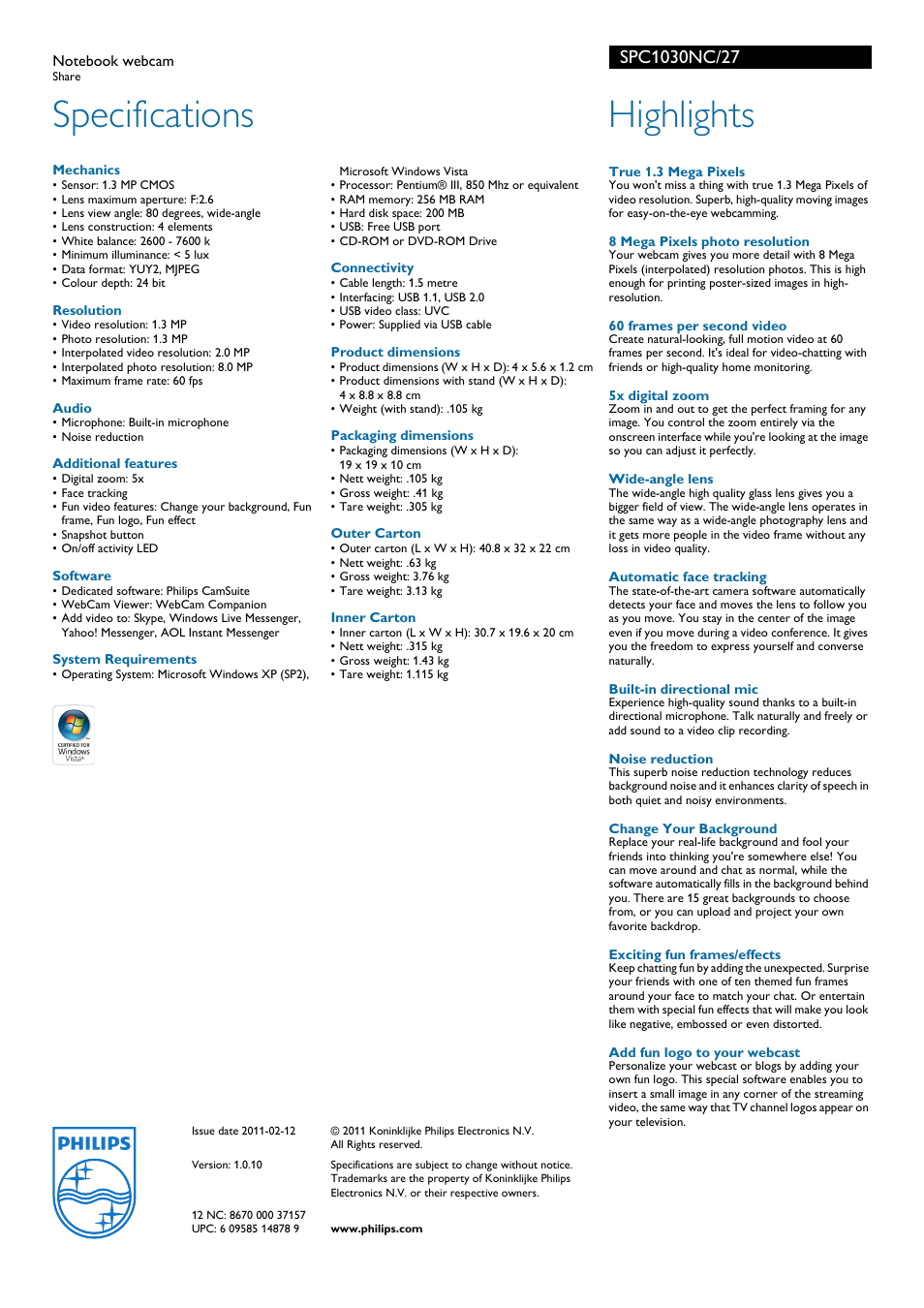 Specifications, Highlights | Philips SPC1030NC-27 User Manual | Page 2 / 2