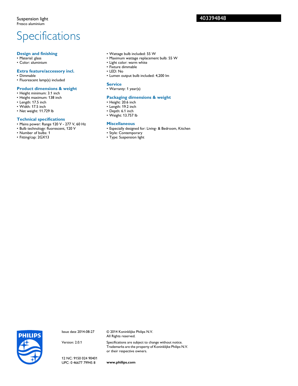 Specifications | Philips 403394848 User Manual | Page 2 / 2