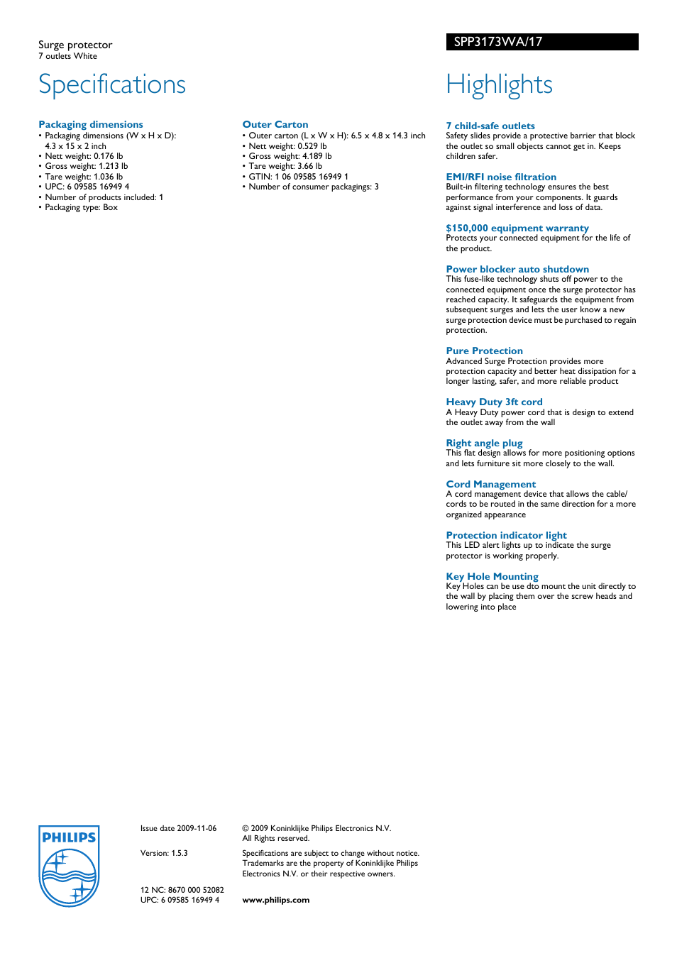 Specifications, Highlights | Philips SPP3173WA-17 User Manual | Page 2 / 2