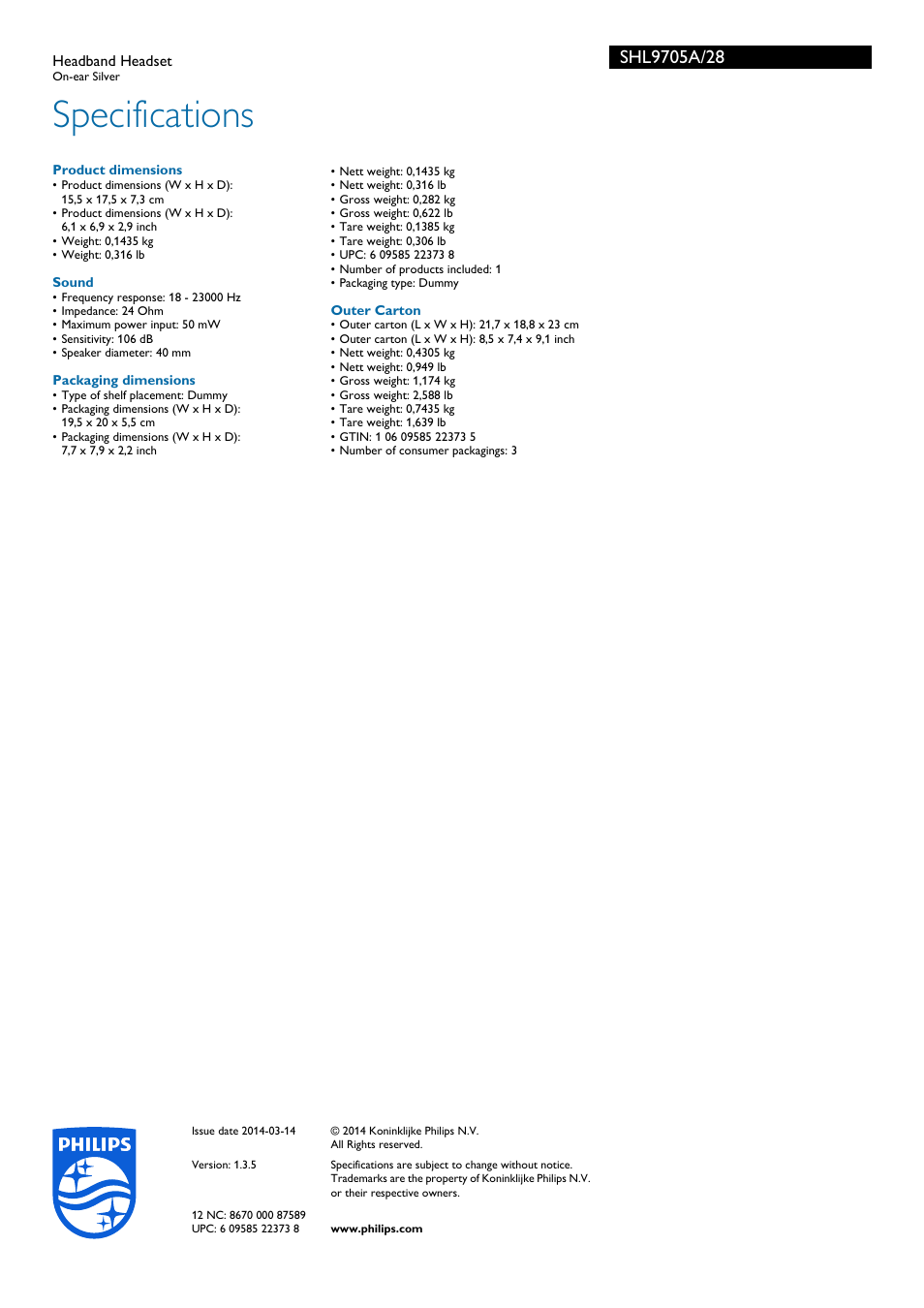 Specifications | Philips SHL9705A-28 User Manual | Page 3 / 3