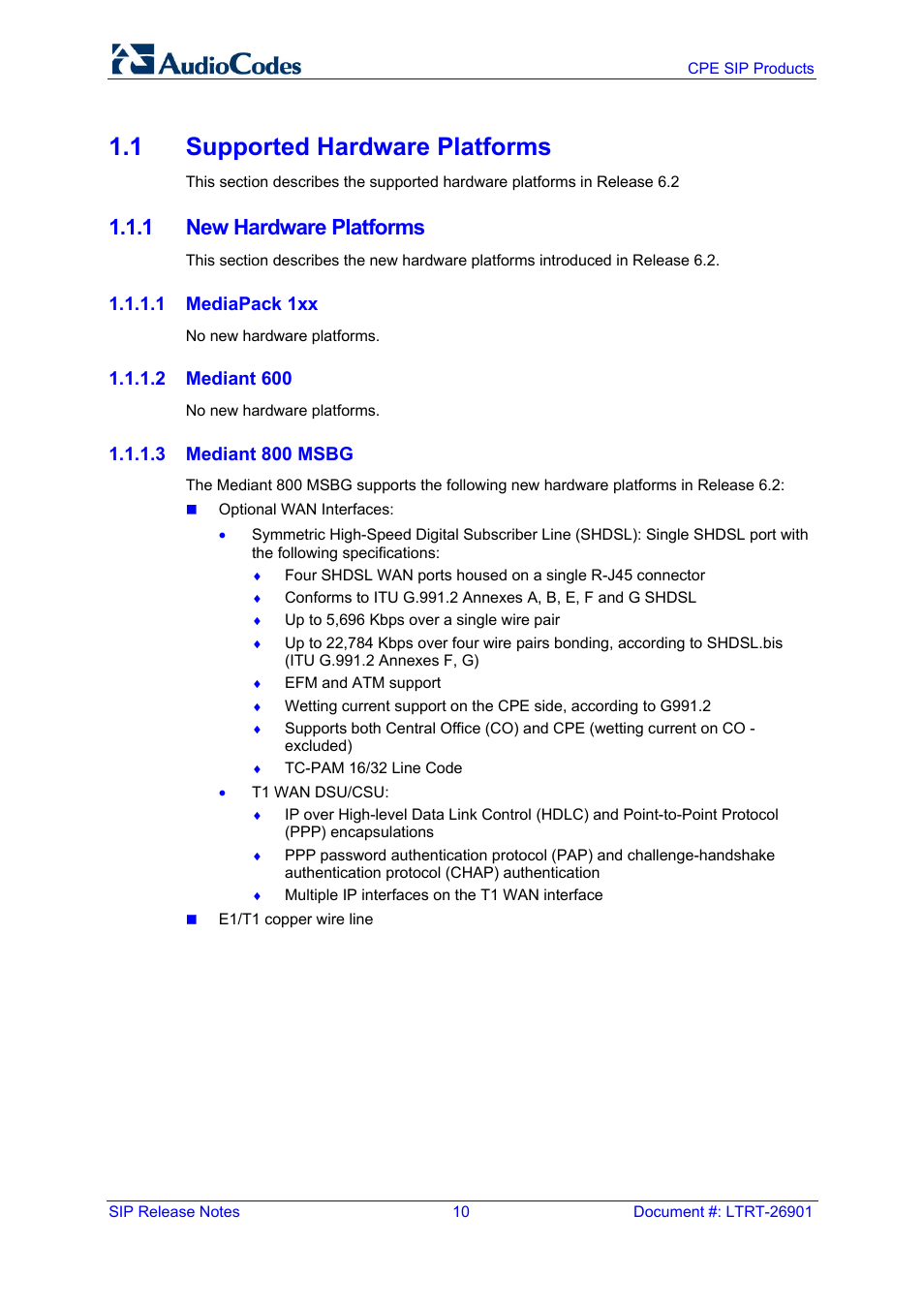 1 supported hardware platforms, 1 new hardware platforms | AudioCodes MEDIAPACK VERSION 6.2 User Manual | Page 10 / 178