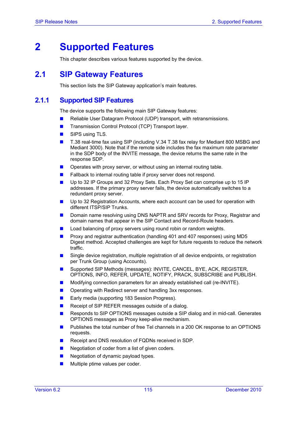2 supported features, 1 sip gateway features, 1 supported sip features | Features | AudioCodes MEDIAPACK VERSION 6.2 User Manual | Page 115 / 178