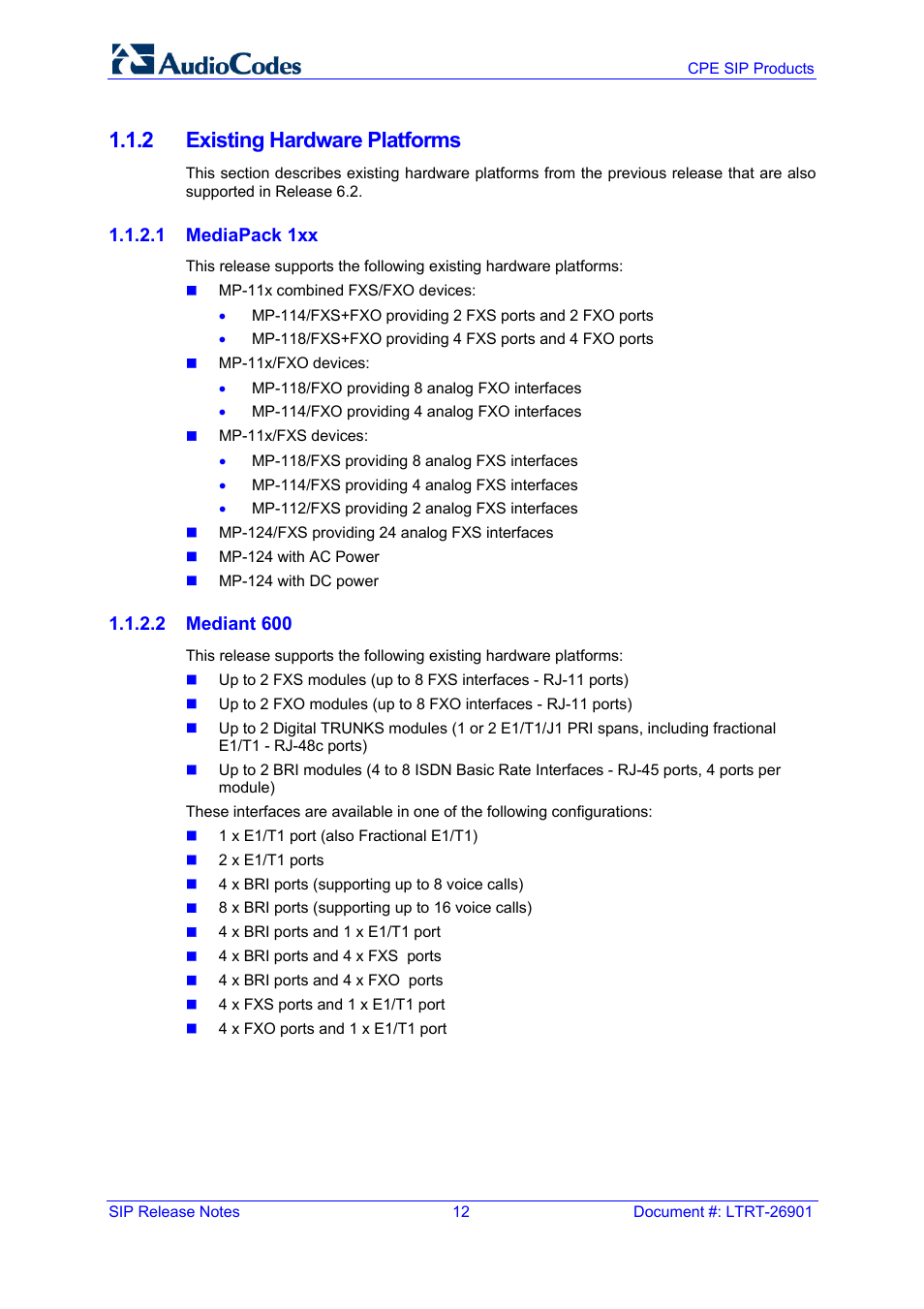 2 existing hardware platforms | AudioCodes MEDIAPACK VERSION 6.2 User Manual | Page 12 / 178