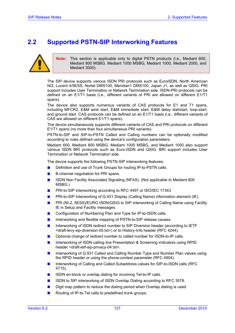 2 supported pstn-sip interworking features | AudioCodes MEDIAPACK VERSION 6.2 User Manual | Page 127 / 178