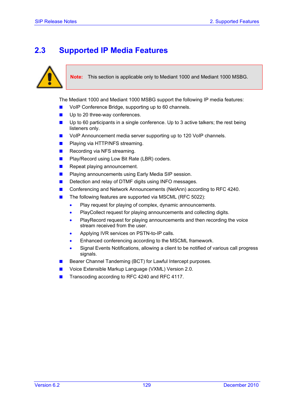 3 supported ip media features | AudioCodes MEDIAPACK VERSION 6.2 User Manual | Page 129 / 178