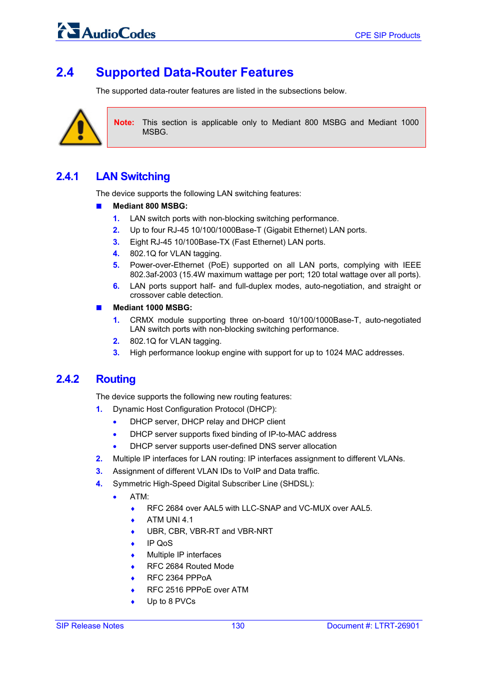 4 supported data-router features, 1 lan switching, 2 routing | AudioCodes MEDIAPACK VERSION 6.2 User Manual | Page 130 / 178