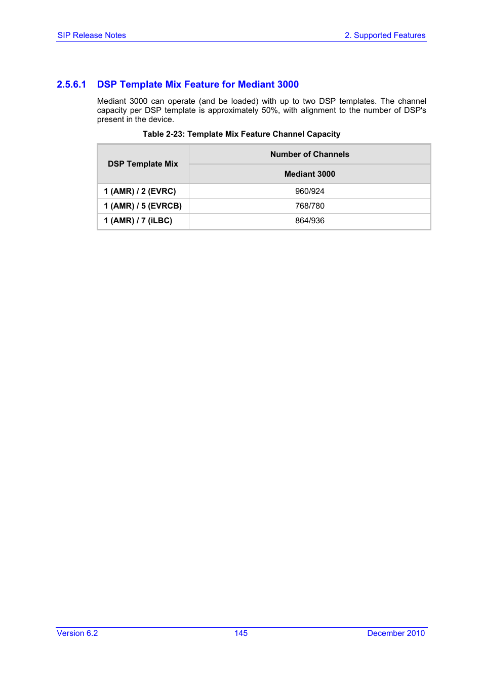 Table 2-23: template mix feature channel capacity | AudioCodes MEDIAPACK VERSION 6.2 User Manual | Page 145 / 178