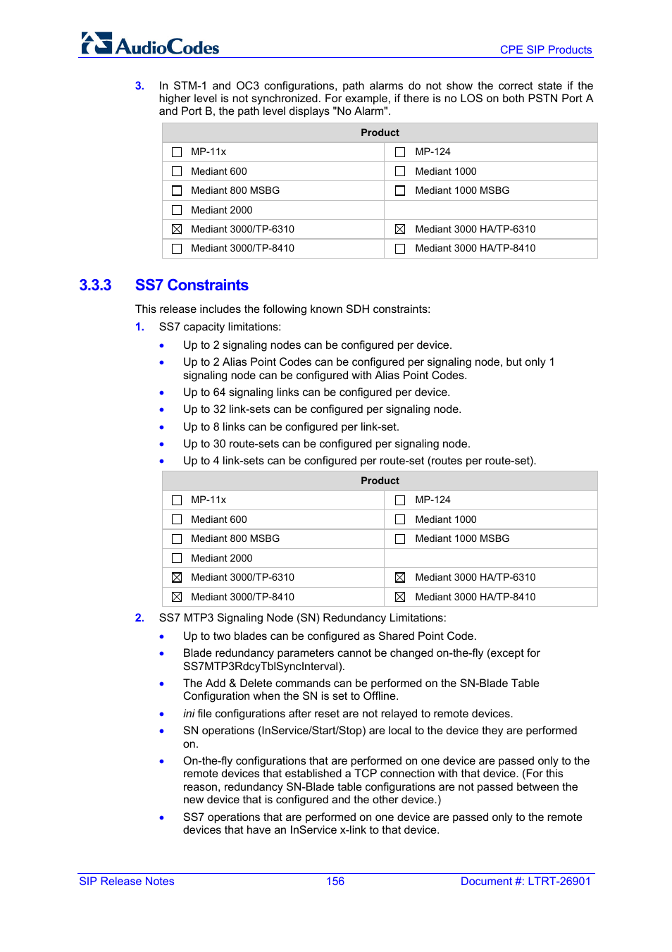 3 ss7 constraints | AudioCodes MEDIAPACK VERSION 6.2 User Manual | Page 156 / 178