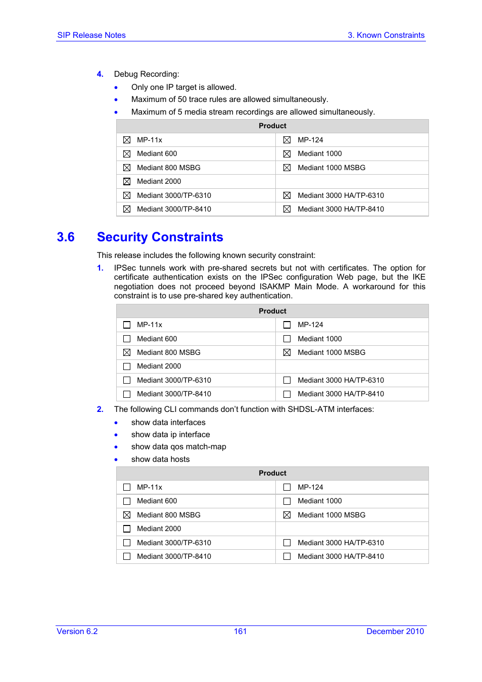6 security constraints | AudioCodes MEDIAPACK VERSION 6.2 User Manual | Page 161 / 178