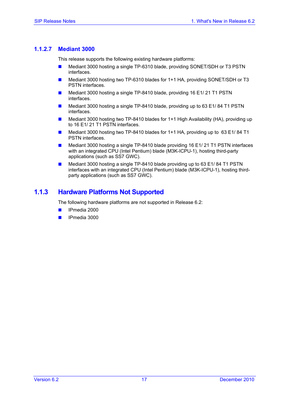 3 hardware platforms not supported | AudioCodes MEDIAPACK VERSION 6.2 User Manual | Page 17 / 178