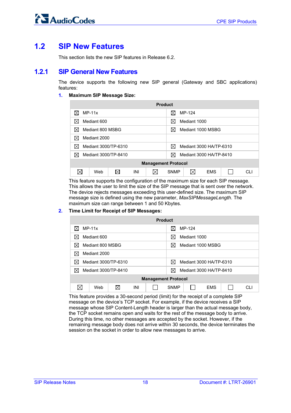 2 sip new features, 1 sip general new features | AudioCodes MEDIAPACK VERSION 6.2 User Manual | Page 18 / 178