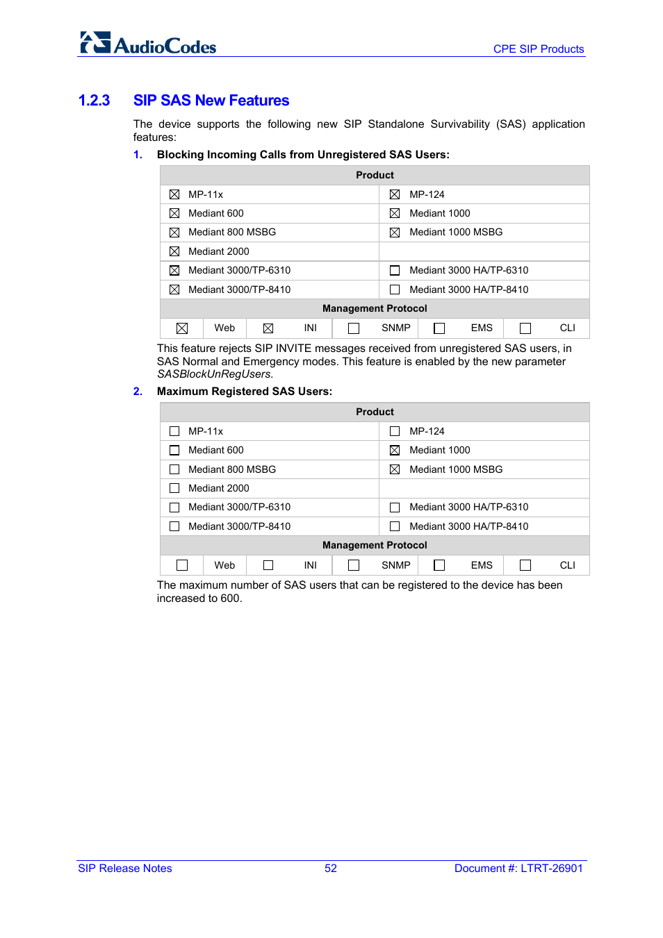 3 sip sas new features | AudioCodes MEDIAPACK VERSION 6.2 User Manual | Page 52 / 178