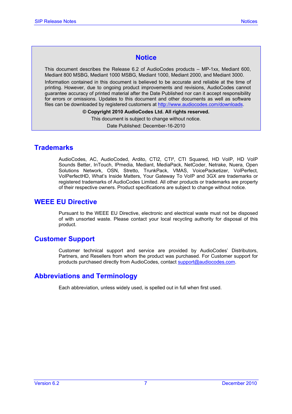 Notices, Notice, Trademarks | Weee eu directive, Customer support, Abbreviations and terminology | AudioCodes MEDIAPACK VERSION 6.2 User Manual | Page 7 / 178