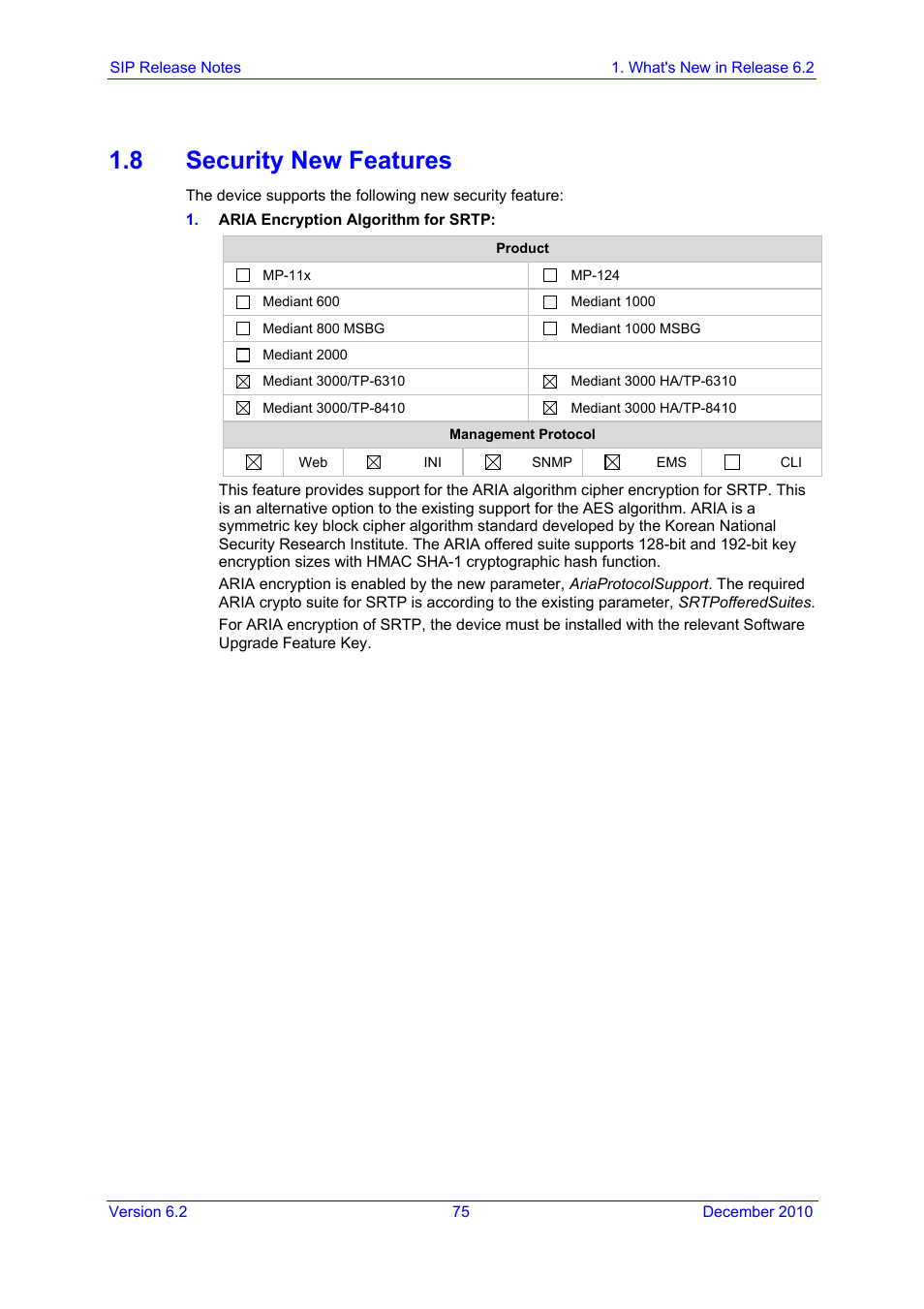 8 security new features | AudioCodes MEDIAPACK VERSION 6.2 User Manual | Page 75 / 178