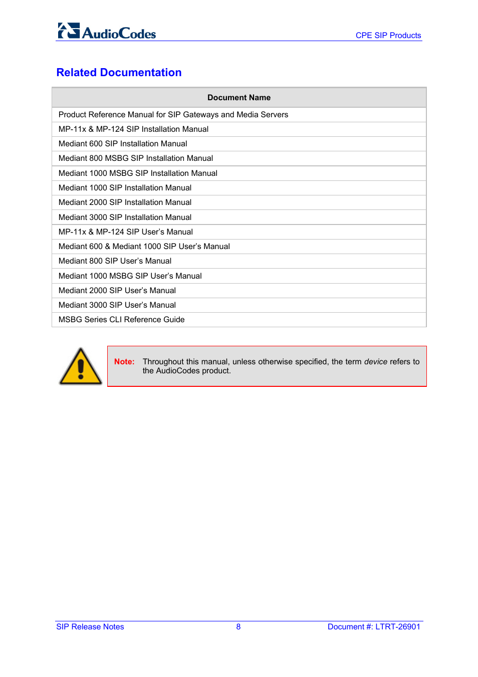 Related documentation | AudioCodes MEDIAPACK VERSION 6.2 User Manual | Page 8 / 178