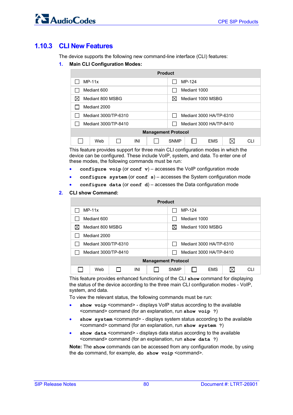 3 cli new features | AudioCodes MEDIAPACK VERSION 6.2 User Manual | Page 80 / 178