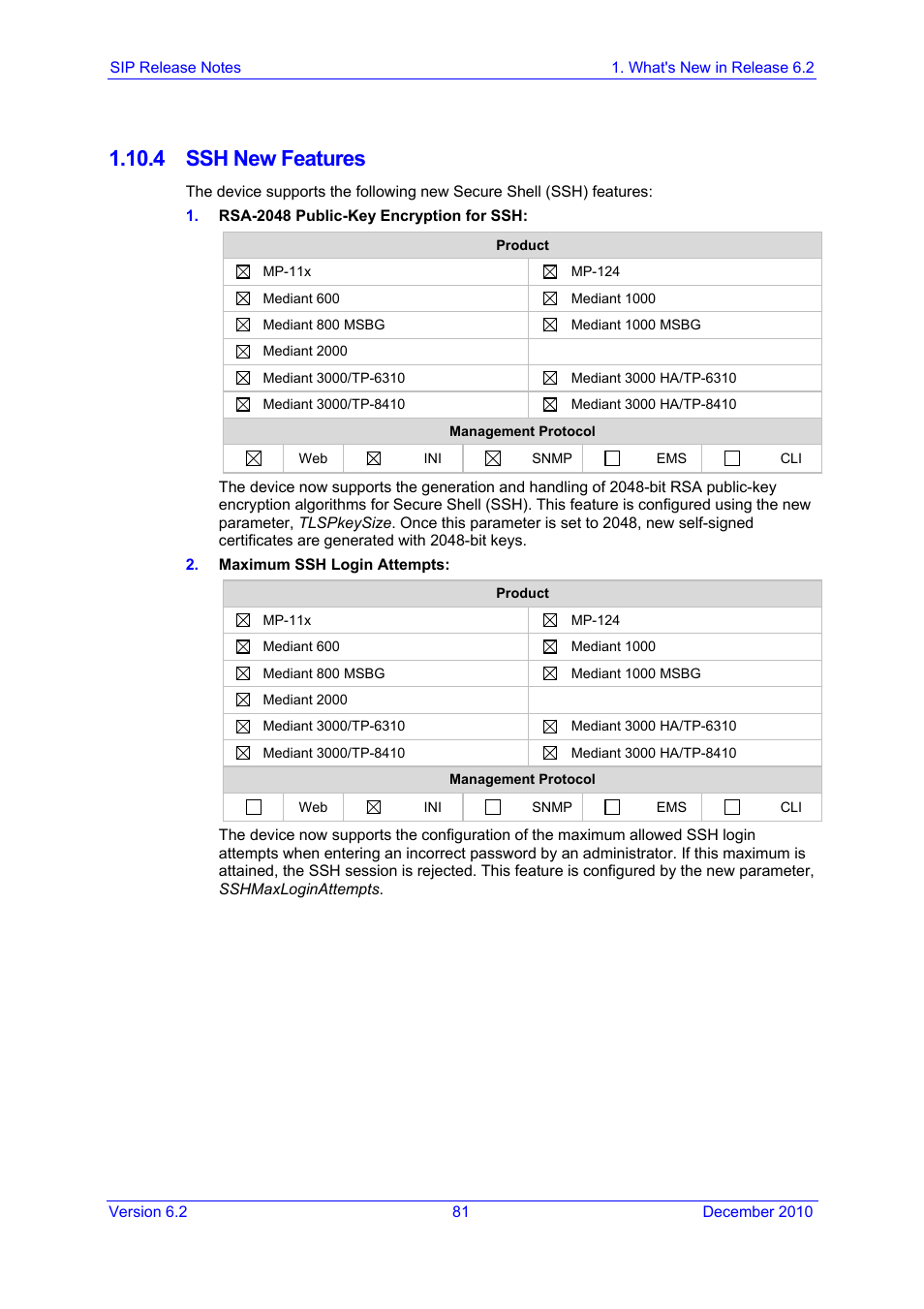 4 ssh new features | AudioCodes MEDIAPACK VERSION 6.2 User Manual | Page 81 / 178