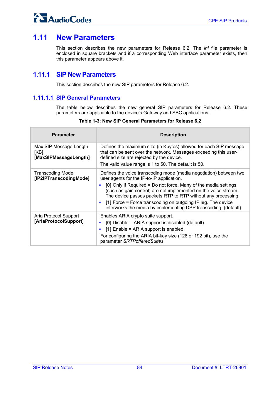 11 new parameters, 1 sip new parameters, Meters | Rameters | AudioCodes MEDIAPACK VERSION 6.2 User Manual | Page 84 / 178