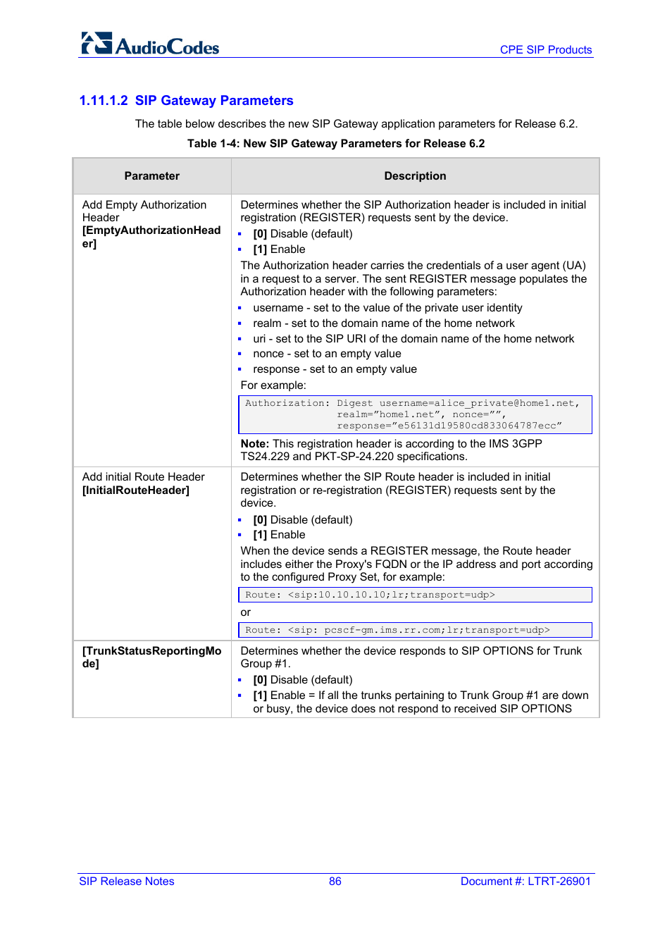 2 sip gateway parameters | AudioCodes MEDIAPACK VERSION 6.2 User Manual | Page 86 / 178