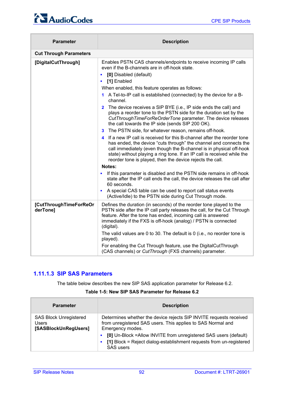 Table 1-5: new sip sas parameter for release 6.2 | AudioCodes MEDIAPACK VERSION 6.2 User Manual | Page 92 / 178