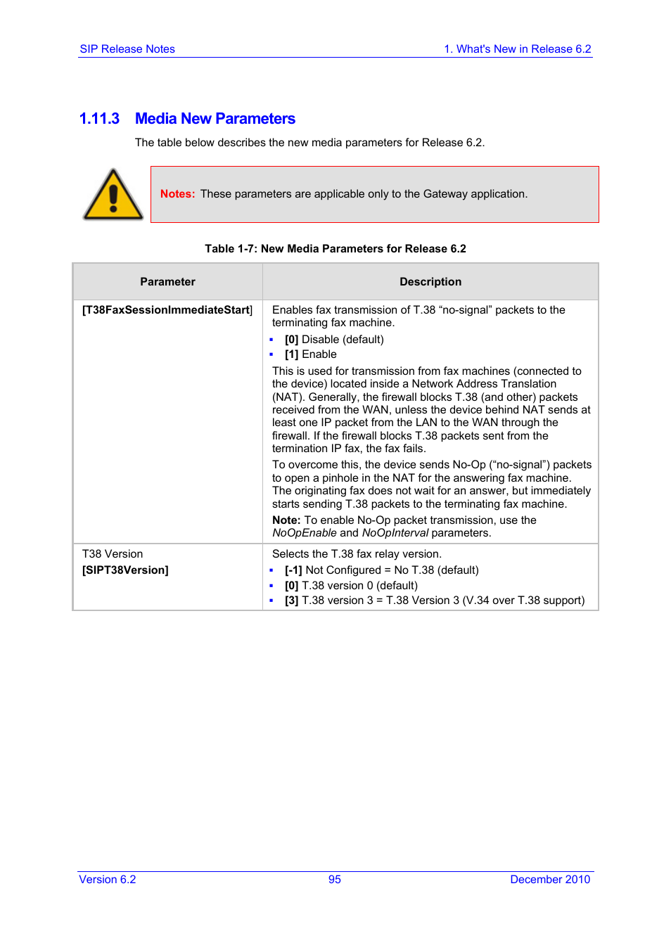 3 media new parameters, Rameters, Table 1-7: new media parameters for release 6.2 | AudioCodes MEDIAPACK VERSION 6.2 User Manual | Page 95 / 178