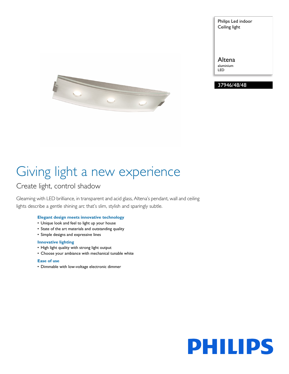 Philips Led indoor Ceiling light 37946-48-48 Altena aluminium LED User Manual | 2 pages