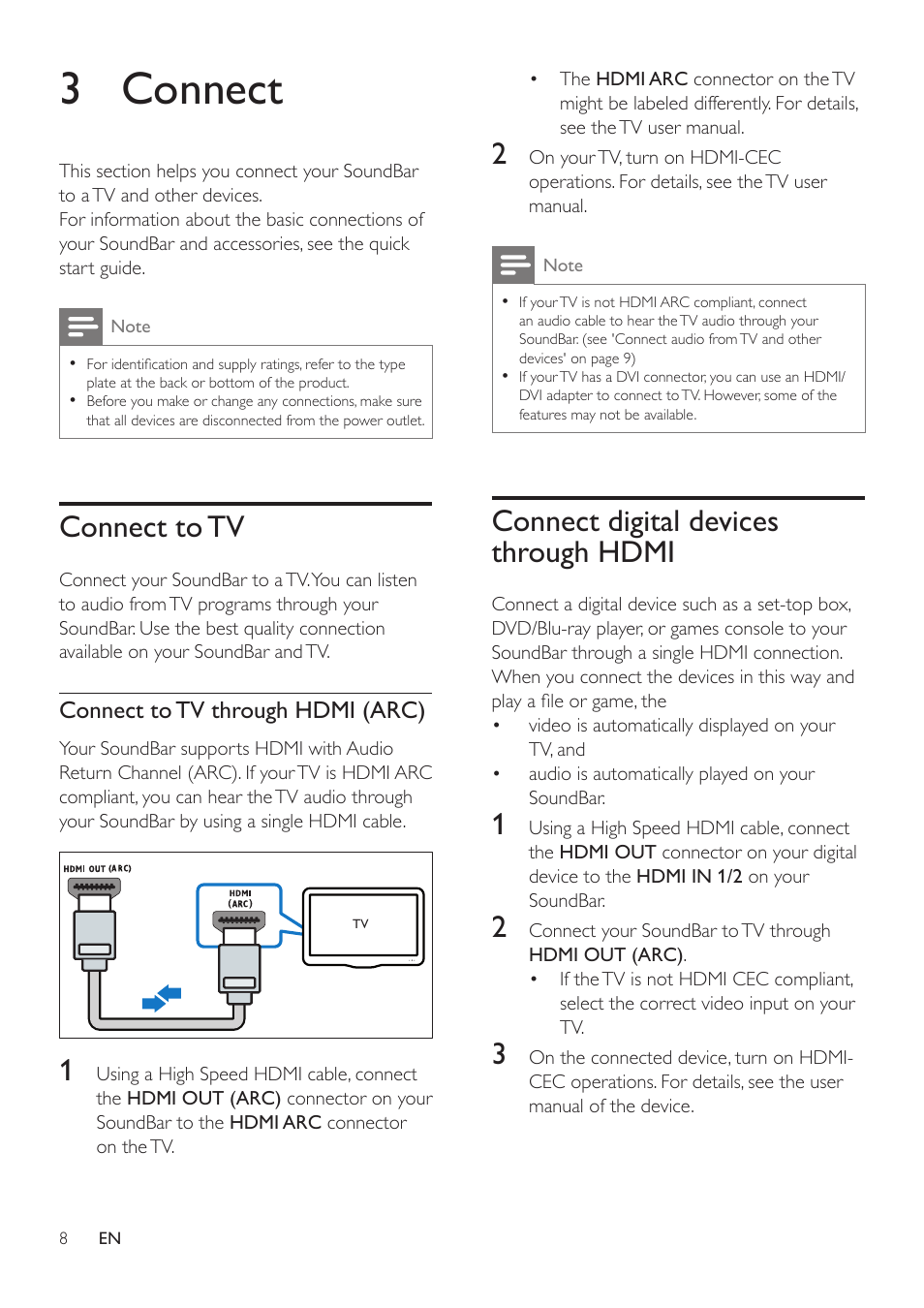3 connect, Connect to tv, Connect digital devices through hdmi | Connect digital devices through hdmi 8 | Philips HTL5120-F7 User Manual | Page 10 / 21